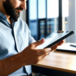 A professional digital nomad, fully clothed in modest and appropriate business casual attire, thoughtfully reviewing financial data on a modern tablet in a sun-drenched, minimalist co-working space. The individual maintains a natural pose, exhibiting perfect anatomy, correct proportions, well-formed hands, and proper finger count. The background features blurred, contemporary office elements. Professional lighting, high-resolution photography, focused composition, safe for work, appropriate content, family-friendly.