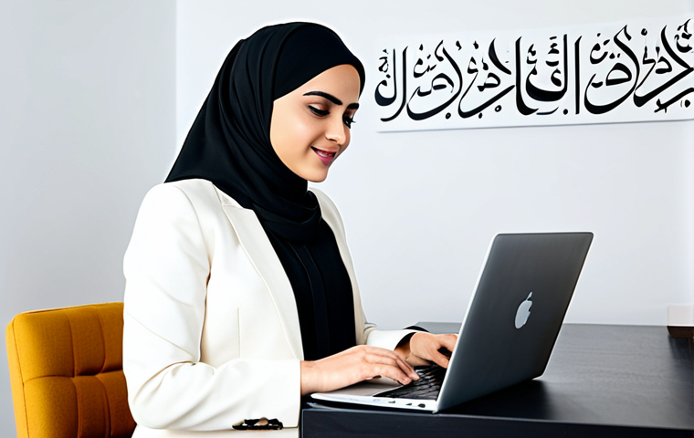 **

"A professional businesswoman wearing a hijab and modest business attire, working on a laptop in a modern co-working space with Arabic calligraphy art on the wall, fully clothed, safe for work, appropriate content, family-friendly, perfect anatomy, natural pose, professional photography, high quality."

**