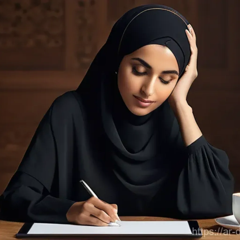 디지털 노마드를 위한 커리어 전환 가이드 - **Prompt: The Creative Digital Artisan**
A captivating, medium shot of a young Arab woman, in he...