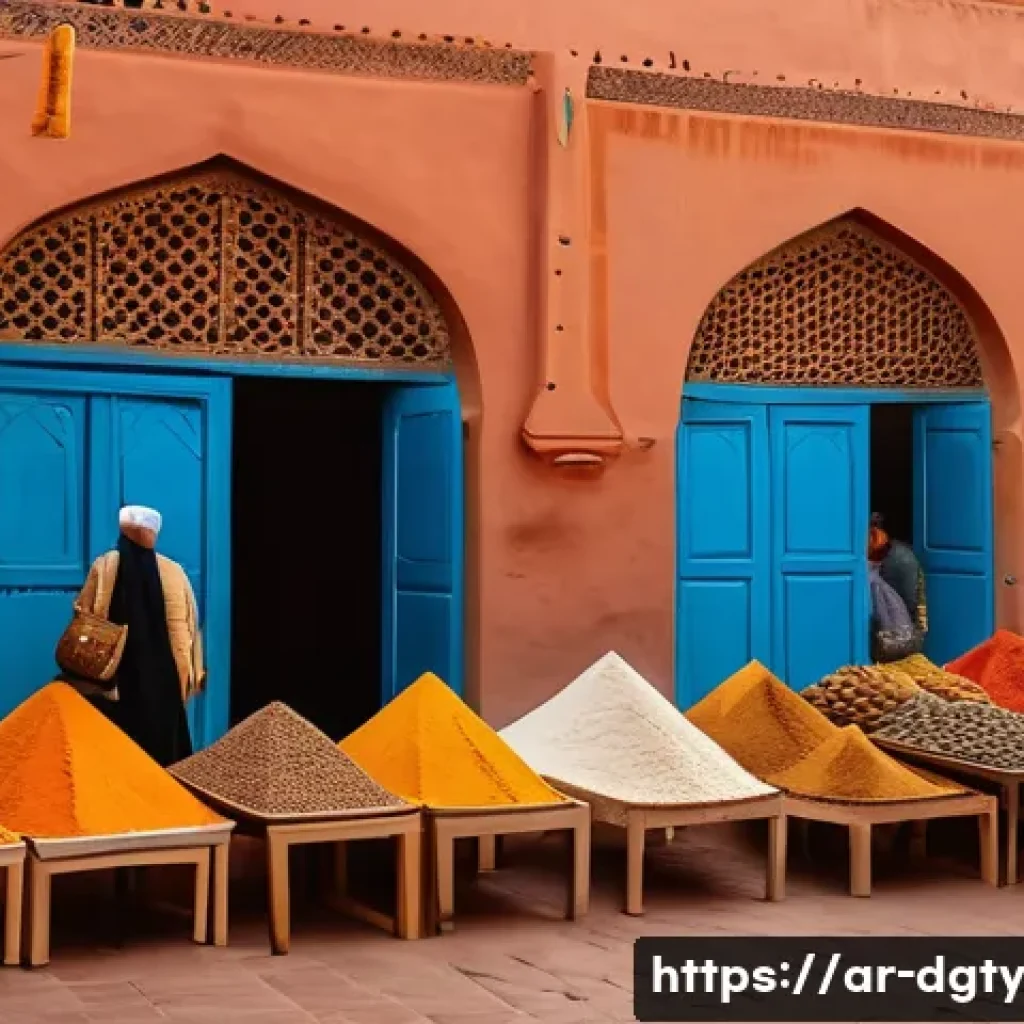 디지털 노마드 생활비 절약 팁 - A vibrant street market scene in Marrakech during the late afternoon, showcasing colorful spice stal...
