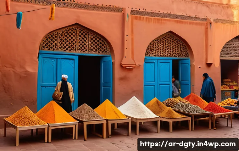 디지털 노마드 생활비 절약 팁 - A vibrant street market scene in Marrakech during the late afternoon, showcasing colorful spice stal...