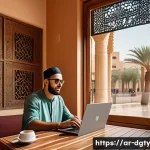 Home 19 디지털 노마드의 새로운 트렌드 - A modern digital nomad workspace scene set in a cozy Middle Eastern café with Arabic calligraphy art...