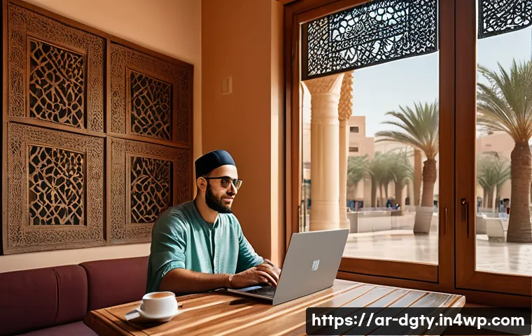 디지털 노마드의 새로운 트렌드 - A modern digital nomad workspace scene set in a cozy Middle Eastern café with Arabic calligraphy art...