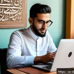 Home 18 디지털 노마드의 직업적 성장 기회 - A modern digital nomad workspace in a cozy, sunlit café in an Arabic city, featuring a young Middle ...
