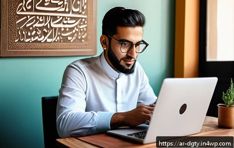 디지털 노마드의 직업적 성장 기회 - A modern digital nomad workspace in a cozy, sunlit café in an Arabic city, featuring a young Middle ...