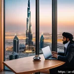 Home 23 디지털 노마드가 주의해야 할 법적 이슈 - A detailed scene of a digital nomad working on a laptop at a modern café in Dubai, with the iconic B...