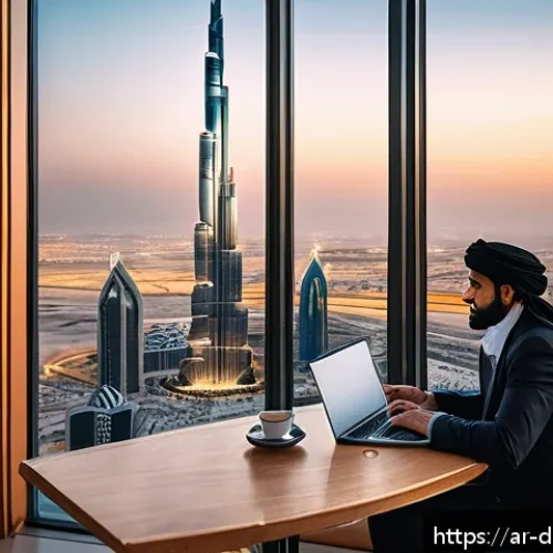 Home 17 디지털 노마드가 주의해야 할 법적 이슈 - A detailed scene of a digital nomad working on a laptop at a modern café in Dubai, with the iconic B...