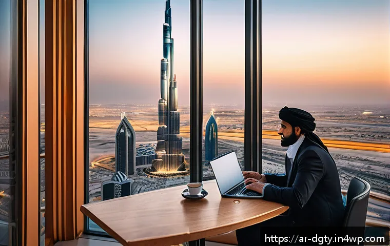 디지털 노마드가 주의해야 할 법적 이슈 - A detailed scene of a digital nomad working on a laptop at a modern café in Dubai, with the iconic B...