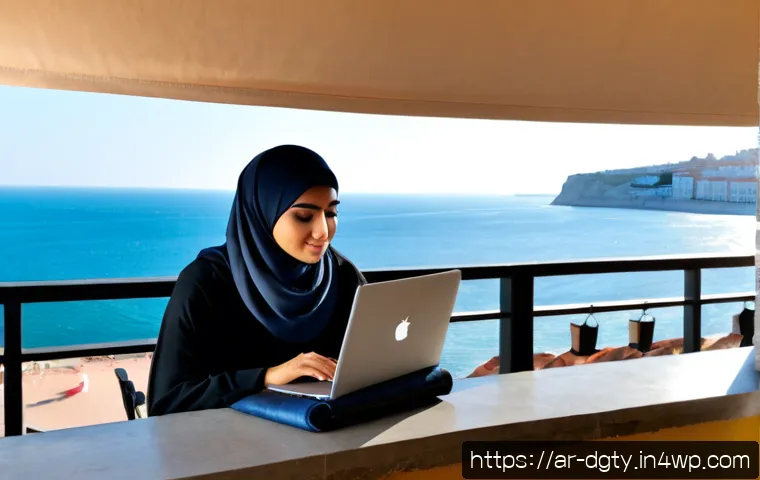 디지털 노마드 생활을 위한 최적의 국가 - Photorealistic Arab digital nomad woman in modest contemporary clothing and a neatly draped hijab, w...